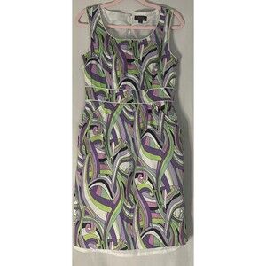 Tahari Arthur S Levine Purple Green Retro Sleeveless Dress Size 8 Pockets Slim